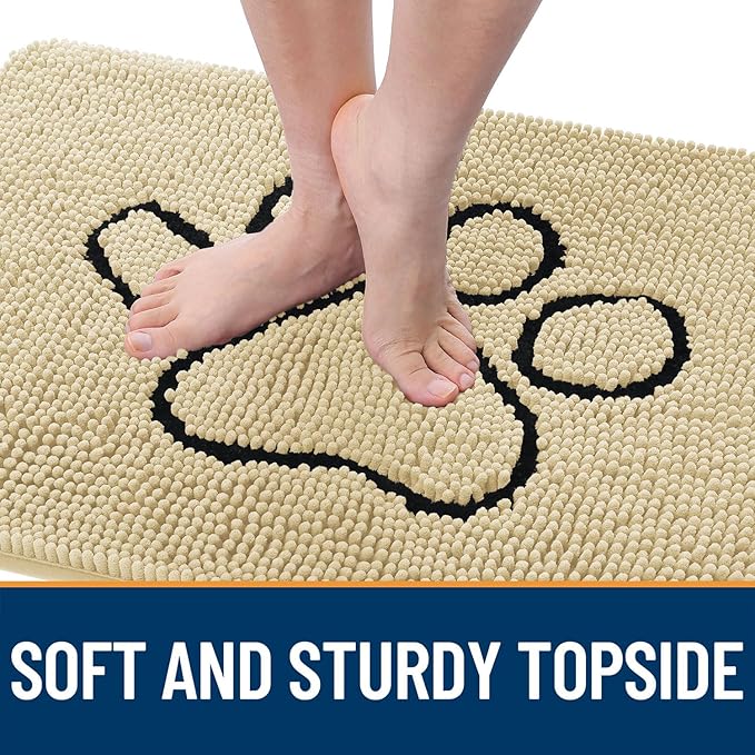 OLANLY Dog Door Mat for Muddy Paws 30x20, Paw Print Design, Absorbs Moisture and Dirt, Absorbent Non-Slip Washable Doormat, Quick Dry Chenille Mud Mat for Dogs, Entry Indoor Entryway Carpet, Sand