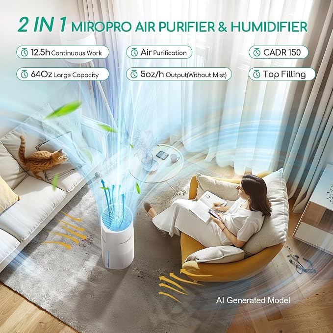Afloia 2-in-1 Air Purifier & Humidifier Combo, Advanced 3-Stage Filtration - Image 2