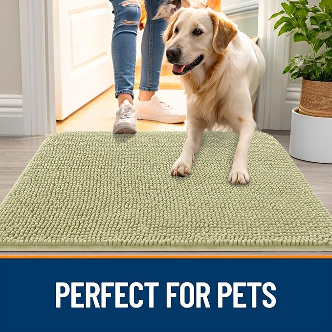 OLANLY Dog Door Mat for Muddy Paws 59x24, Absorbs Moisture and Dirt, Absorbent Non-Slip Washable Doormat, Quick Dry Chenille Mud Mat for Dogs, Entry Indoor Entryway Carpet for Inside Floor, Vanilla