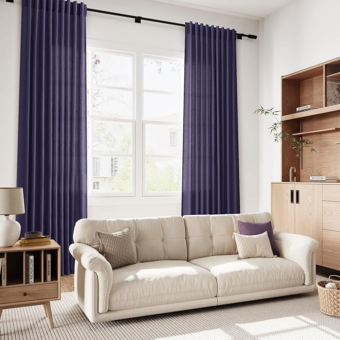 Nanspring Purple Linen Blend Light Filtering Back Tab Curtains 102 Inches Long, Semi Sheer Privacy Drapes for Living Room & Bedroom, 52x102 inch, 2 Panels
