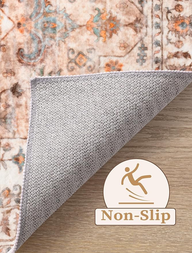 SERISSA Boho Washable Runner Rug, 2'6"x8' Non-Slip Vintage Peach Cream Hallway Kitchen Runner Rug Ultra Soft Print Distressed Floor Carpet for Bedroom Bathroom Laundry Room