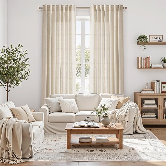 Nanspring 102 Inch Long Curtains for Living Room Cream Beige Linen Light Filtering Semi Sheer Curtain Back Tab Modern Farmhouse Decor Floor to Ceiling Coastal Drapes for Bedroom 52x102, 2 Panels