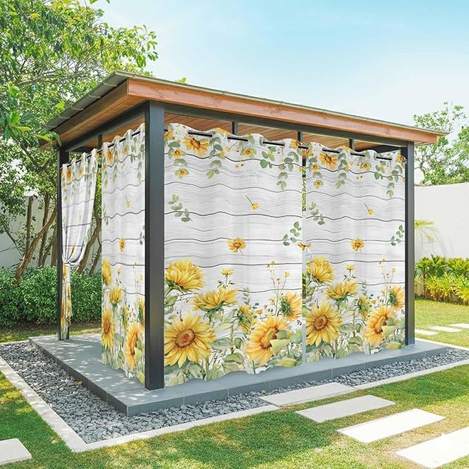 Sunflowers Outdoor Curtains for Patio Summer Floral Eucalyptus Leaf Wood Plank by Unknown