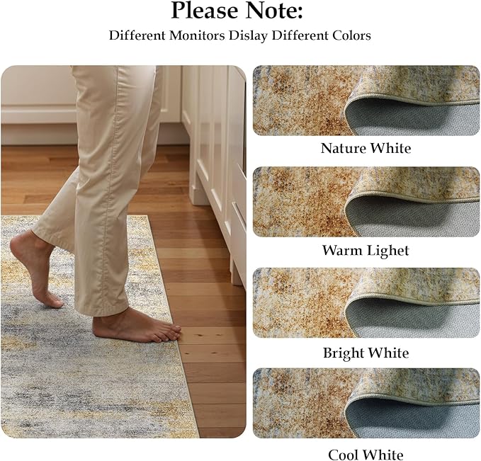 4x12 Washable Kitchen Runner Rug: Modern Abstract Wide Runners for Hallway Soft Non Slip Rugs with Rubber Backing Low Pile Thin Carpet for Entryway Bedroom Bathroom Laundry Indoor(Grey/Yellow,4x12)