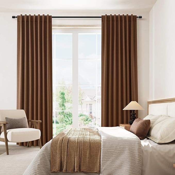 Guken 100% Blackout Linen Curtains 80 Inch Length 2 Panels Set for Living Room Bedroom Back Tab Thermal Insulated Black Out Linen Drapes Room Darkening Window Curtains,Caramel Brown
