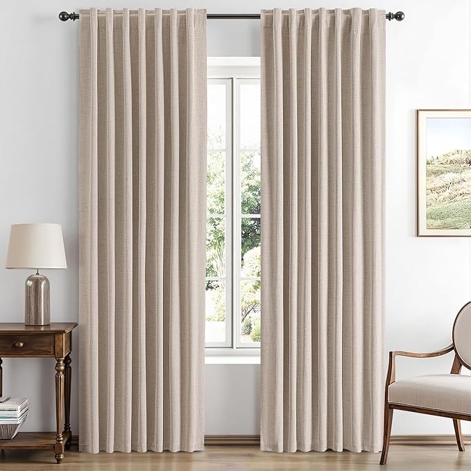 MIULEE 100% Blackout Linen Curtains for Bedroom, Beige Solid Luxury Decor Thermal Insulation Room Darkening Drapes for Living Room Nursery Back Tab Rod Pocket 42 x 90 Inches, 2 Panels