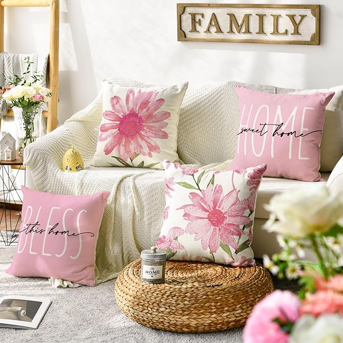 AVOIN colorlife Home Sweet Home Spring Summer Flowers Pink Throw Pillow Covers, 18 x 18 Inch Cushion Case for Sofa Couch Set of 4