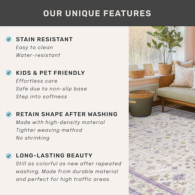 Light Purple Rug for Girls Bedroom, 5x8 Washable Floral Area Rug for Nursery Kids Room, Living Room, Lavender Dorm Decor, Non Slip Low Pile Pastel Foldable Carpet