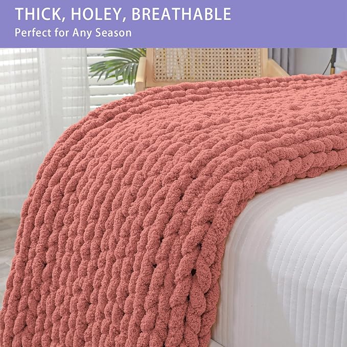 Bigacogo Chunky Knit Throw Blanket for Couch, 51x63 inches, 100% Hand Knitted with Thick Jumbo Chenille Yarn, Cozy Soft Large Rope Knot Cable Crochet Blankets for Sofa Bed Living Room, Antique Red