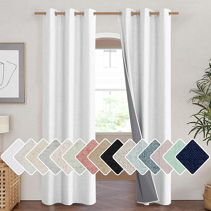 NICETOWN 100% Absolutely Blackout Linen Curtains with Thermal Insulated Liner, Greyish White, 42" Wide, 90" Length Energy Saving Curtains for Living Room 2 Panels Set, Vertical Blinds