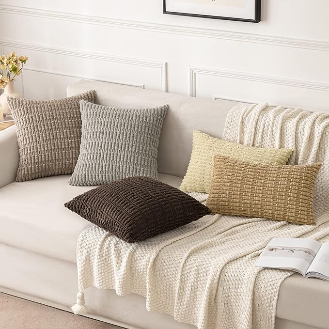 MIULEE Pack of 2 Corduroy Decorative Euro Sham Throw Pillow Covers 24x24 Inch Soft Boho Striped Pillow Covers Modern Farmhouse Home Decor for Sofa Living Room Couch Bed Beige