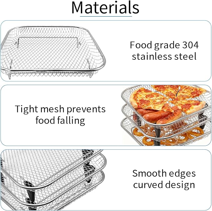 3 Tiers Air Fryer Mesh Baskets, 8×8×1.7 Inch Stackable Square Stainless Steel - Image 4