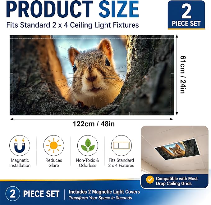 2 Pack Tree Hole Squirrel Decorative Ceiling Light Covers, Magnetic 4x2 Ft - Image 2