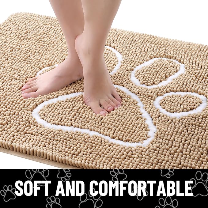 Smiry Dog Door Mat for Muddy Paws, Absorbent Dirt Trapper Non Slip Quick Dry Washable Chenille Mat for Mud Dogs, Entry Rug for Indoor and Outdoor (54x24 Inches, Beige and White)