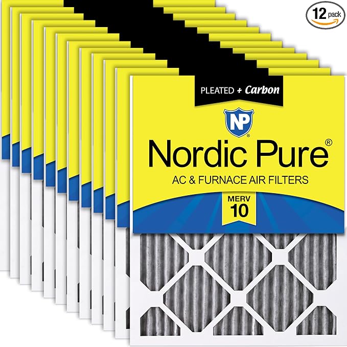 Nordic Pure 16x16x1 Pleated MERV 10 Plus Carbon Air Filters 12 Pack | Actual by NordicPure