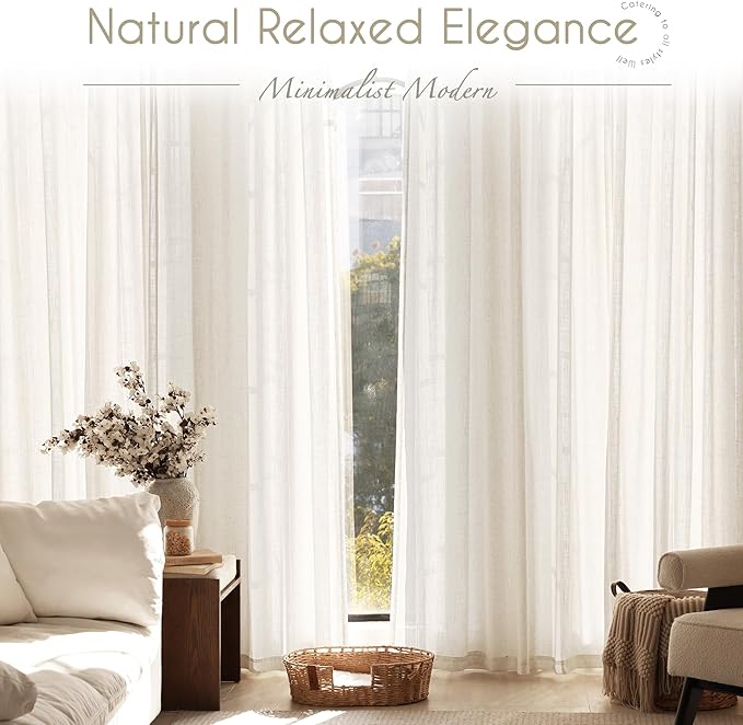 Cream Linen Curtains 63 inch Length 2 Panel Set for Living Room Back Tab Rod Pocket Semi Sheer Light Filtering Bedroom Window Curtain 63 inch Long Modern Farmhouse Neutral Ivory Linen Drapes 60x63