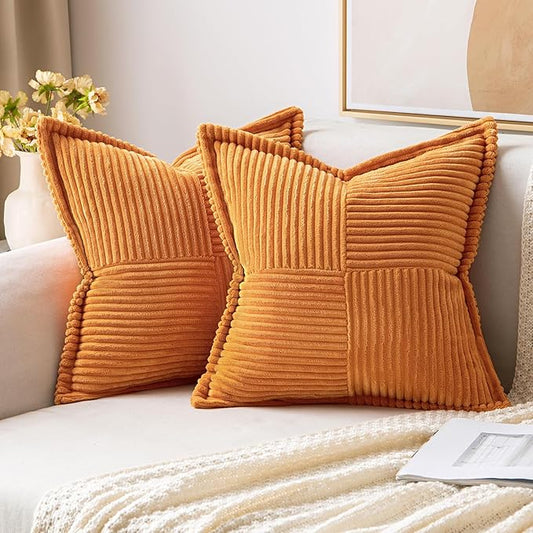 MIULEE Burnt Orange Decorative Throw Pillow Covers for Couch Bed Livingroom 18x18 Inch Set of 2 Boho Accent Throw Pllows Broadside Striped Patchwork Soft Corduroy Pillowcases
