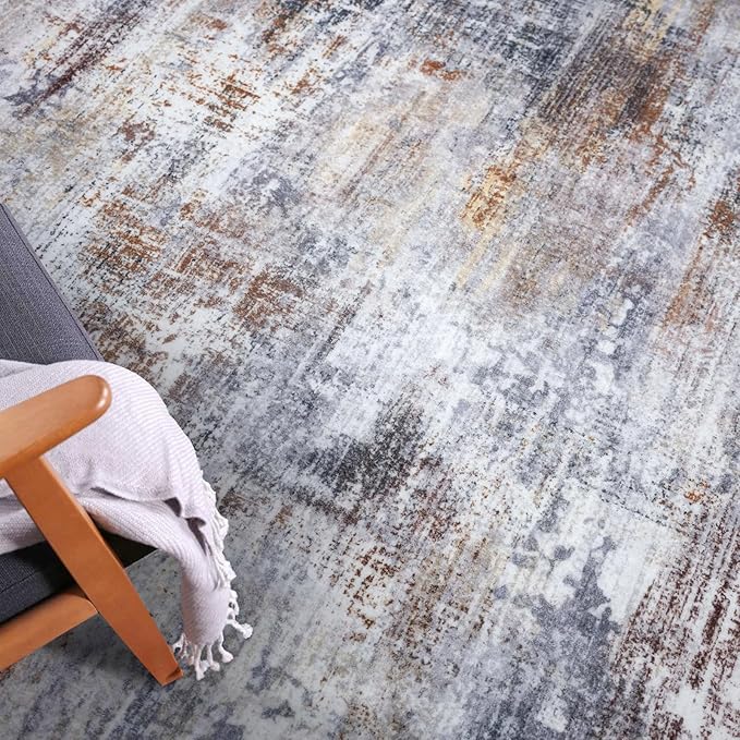 IOHOUZE Abstract Area Rugs 9x12 Ft Washable Large Rugs for Living Room, Non Slip Dining Room Rug, Printed Faux Wool Rugs for Bedroom, Floor Carpet for Office Nursery Playroom, Orange Grey