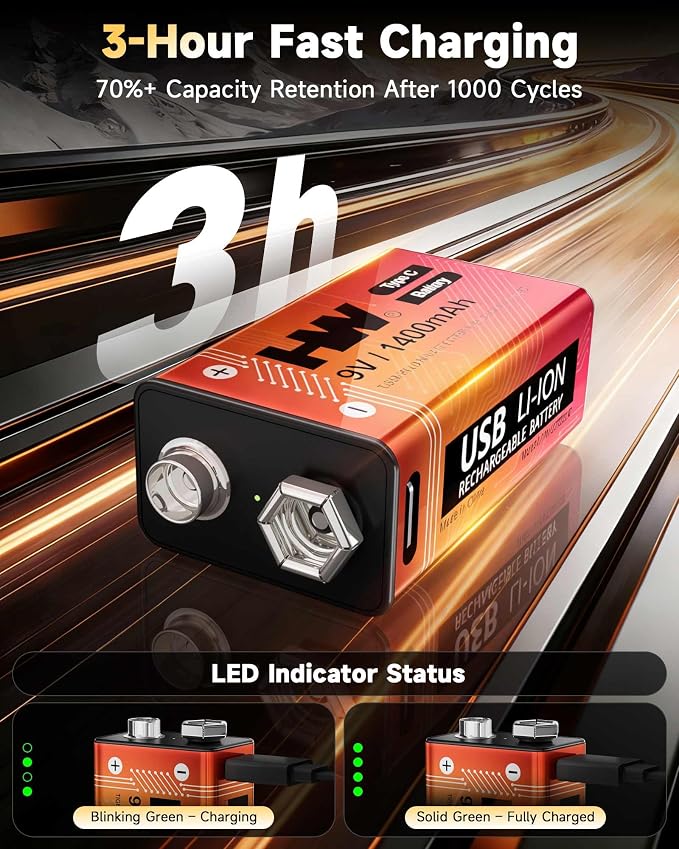 HW 9 Volt Rechargeable Batteries 12 Pack, 1400mAh 9V Lithium Battery - Image 2