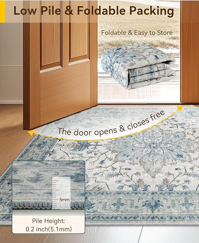 Area Rugs 3'x6' Runner Rug Non Slip Washable for Kitchen Hallway Bedroom Beside Laundry Room Bathroom Rug, Floor Carpet, Light Blue Navy Beige Gray White