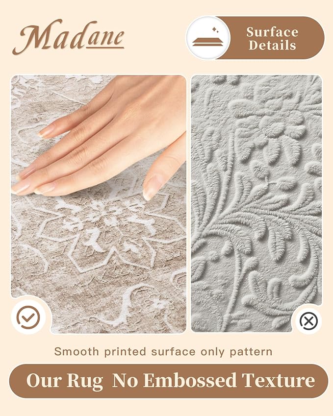 Madane 5x7 Area Rugs for Living Room, Washable Vintage Natural Rug with Non-Slip Backing, Soft Floral Print Throw Rugs Floor Low Pile Carpet for Bedroom Dining Room Farmhouse (5 x 7, Brown/Sand)