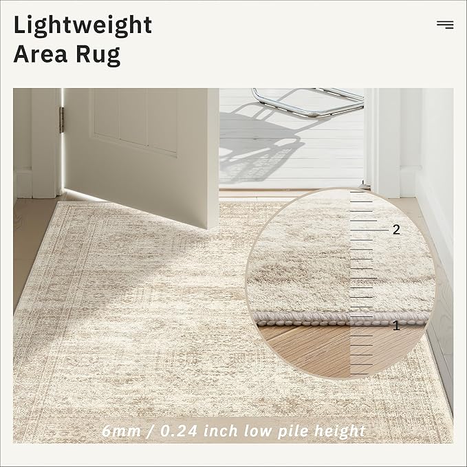 Soalmost Runner Rug 2'6" x 14' Washable Non-Slip Runner Rugs for Kitchen Bathroom Laundry Room Vintage Ultra Thin Runners for Hallway Entryway Beige