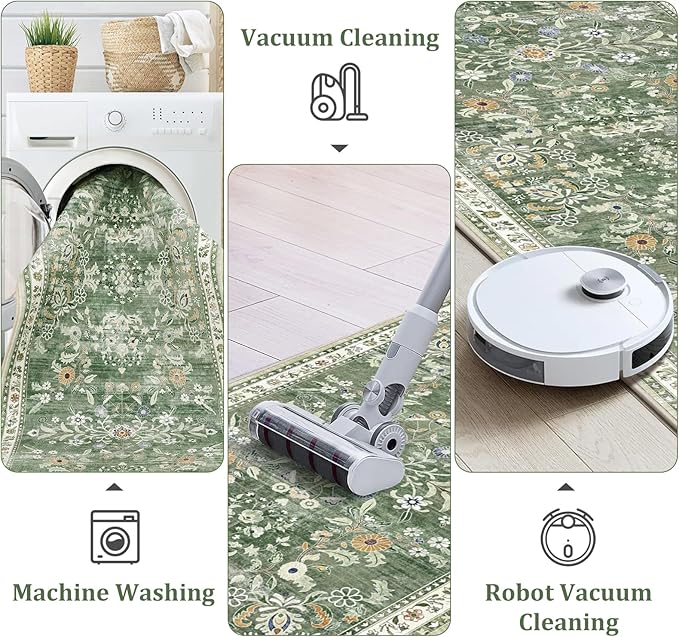 Yamaziot Washable Runner Rug 3x10 – Large Floral Non Slip Boho Hallway Runner Rug with Rubber Backing, Low Pile Faux Wool Distressed Carpet for Kitchen, Laundry, Bedroom, Entrance, Green
