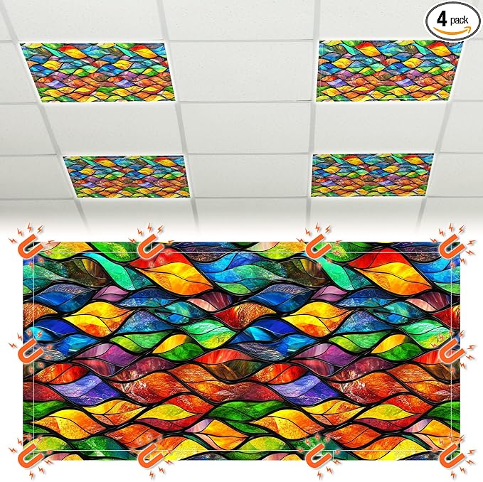 Glooglitter 4 Pcs Stained Glass Fluorescent Light Covers 4 x 2 ft Magnetic by Glooglitter