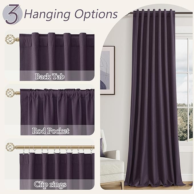 Guken 100% Blackout Curtains 108 Inch Length 2 Panels Set for Living Room Bedroom Back Tab Thermal Insulated Black Out Linen Drapes Room Darkening Window Curtains 108 Inches Long,Plum