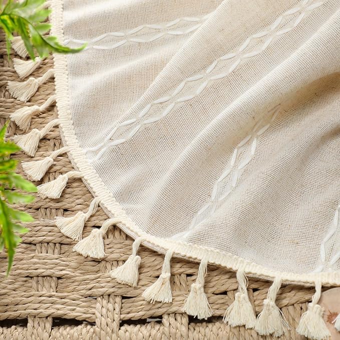 Boho Blackout Curtains 90 Inches Long Beige Linen Blend 2 Panels with Tassels and Cotton Embroidery, Farmhouse Vintage Rustic Rod Pocket Drapes for Living Room or Bedroom