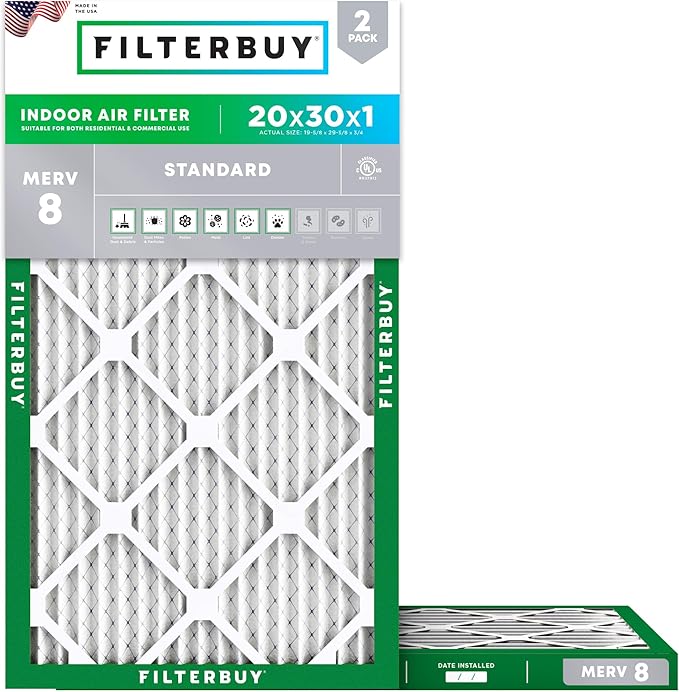 Filterbuy 20x30x1 Air Filter MERV 8 Essential Dust & Allergy Defense, by Filterbuy