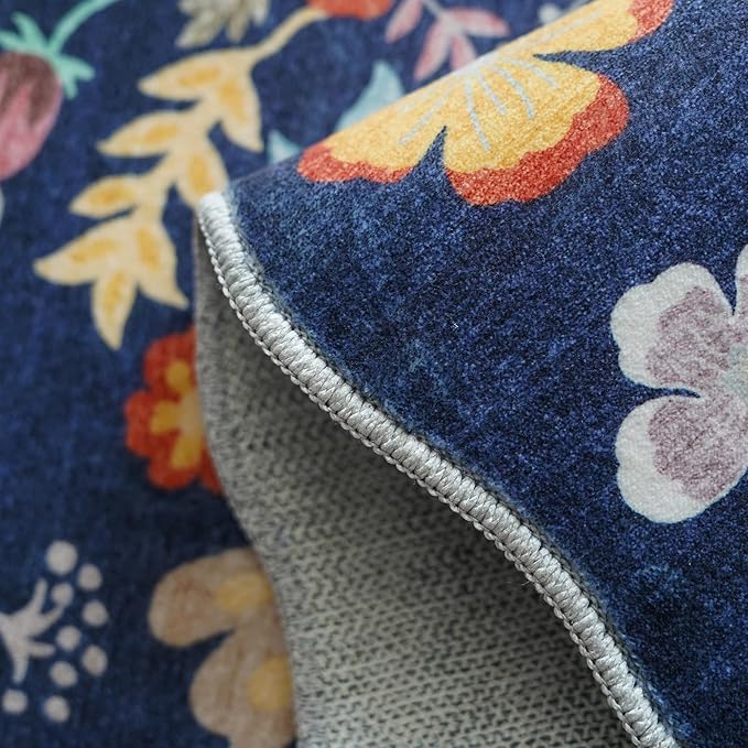 Floral Square Area Rug for Family: Washable 5x5 Scalloped Carpet for Living Room Bedroom Soft Water Resistant Floor Mat with Non Slip Backing for Kitchen Nursery Dorms Farmhouse Home Decor(5x5,Purple)