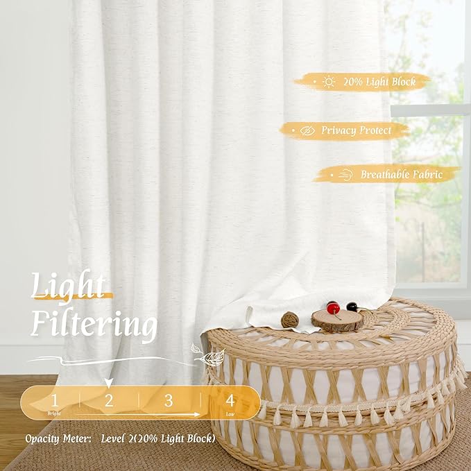 LAMIT Ivory White Linen Curtains 72 inches Long for Living Room, Soft Thick Light Filtering Rod Pocket Privacy Window Treatments Drapes for Bedroom/Dinging Room, 2 Panels Set, 52 x 72 Inch