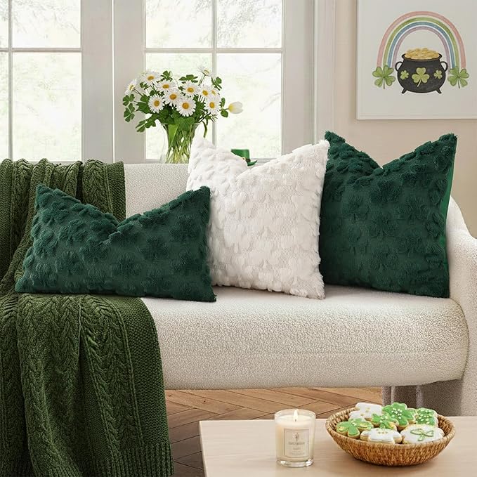 decorUhome St. Patrick’s Day Shamrock Green Pillow Covers 12x20 Inch Set of 2, Soft Plush Faux Wool Throw Pillow Covers, Farmhouse Spring Holiday Decor for Sofa Living Room