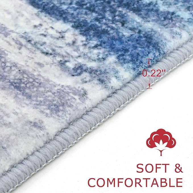 KOZYFLY Modern Abstract Washable Rug Runner 2.6x12 Hallway Rug Runner Non-Slip Soft Kitchen Runner Rugs, Blue/Grey/Beige Striped Carpet for Entryway Bathroom Laundry Room Foyer