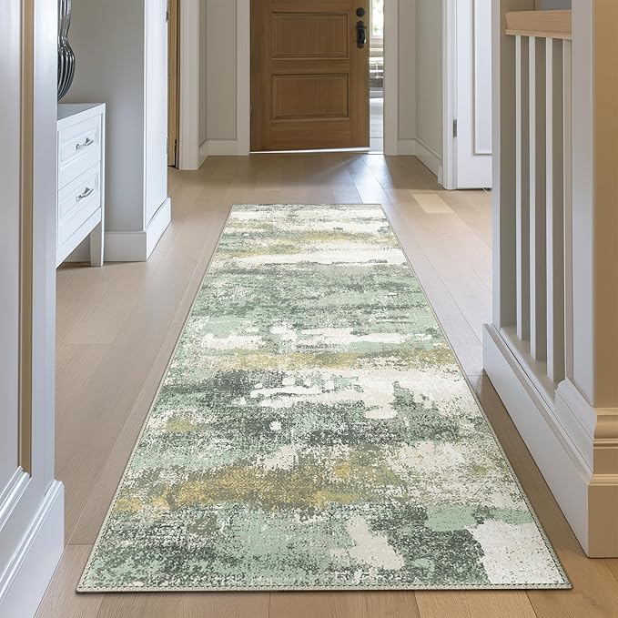 BEIMO Runner Rug for Hallway Kitchen, 2x7 Machine Washable Runners Rug for Entryway, Light Green Soft Modern Abstract Throw Rugs, Low Pile Floor Carpet with Non Slip Backing