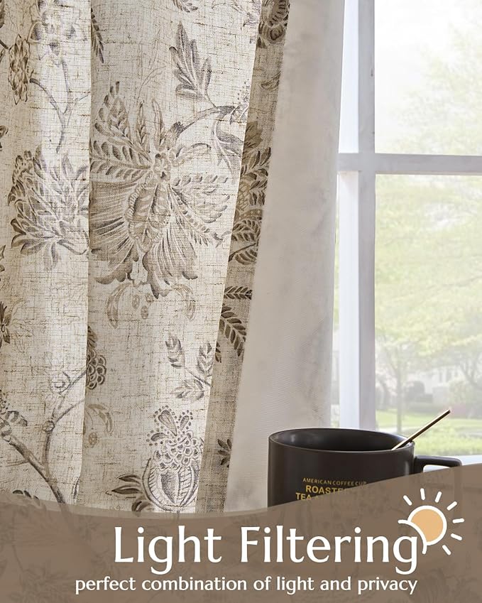 jinchan Lined Linen Floral Curtains for Living Room, 63 Inch Length Printed Flower Farmhouse Patterned French Country Back Tab Taupe Window Drapes Set Privacy Bedroom Curtains, 2 Panels
