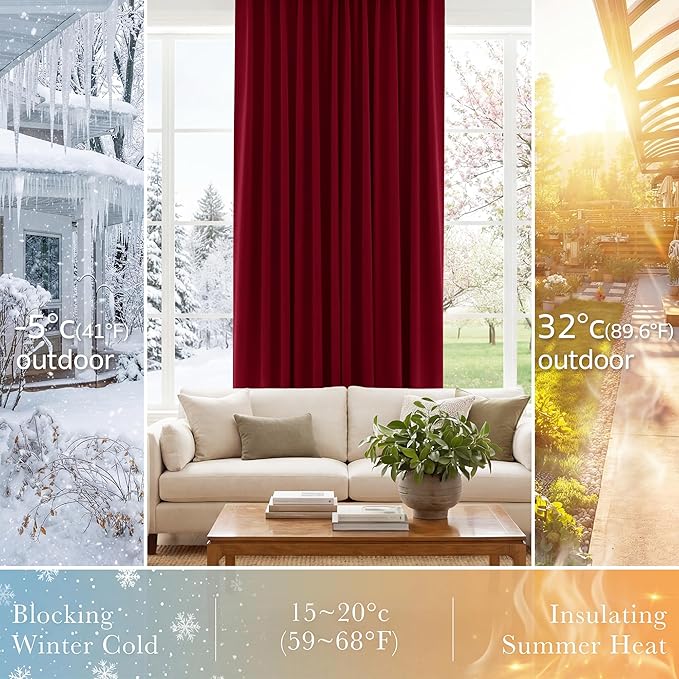 PONY DANCE Blackout Curtain Panels - Red Drapes Christmas Home Decoration Modern Elegant Back Tab Rod Pocket Curtains Room Darkening Energy Saving for Bedroom, 42 x 45 inch, Red, One Pair