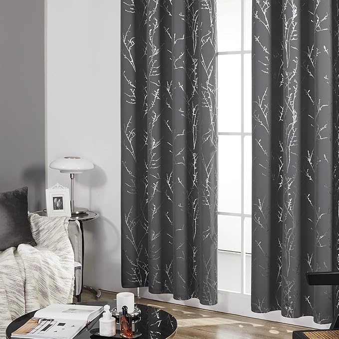 Deconovo Blackout Curtains Grey, Thermal Insulated Soundproof Drapes, Silver Branch Foil Print, 42 x 72 Inch, 2 Panels, Machine‑Washable Privacy Window Panel for Living Room Bedroom Nursery Office