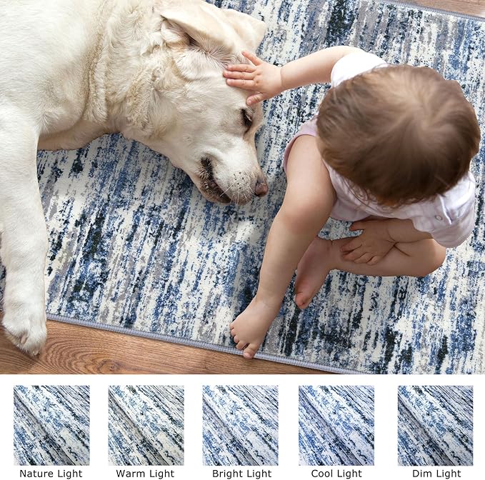 Lansny Modern Abstract 5x7 Machine Washable Area Rug Non-Slip Soft Bedroom Living Romm Rug Grey Blue White Thin Print Faux Wool Floor Carpet Throw Rugs for Nursery Playroom Dining Room Indoor