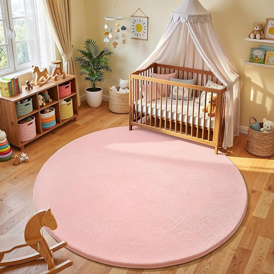 Amearea Pink Round Area Rugs 5ft Washable Circle Rugs for Bedroom Living Room, Fluffy Indoor Thickened Memory Foam Rug, Non Slip Minimalist Circular Carpet for Kids Boys Girls Dorm Nursery Room Decor