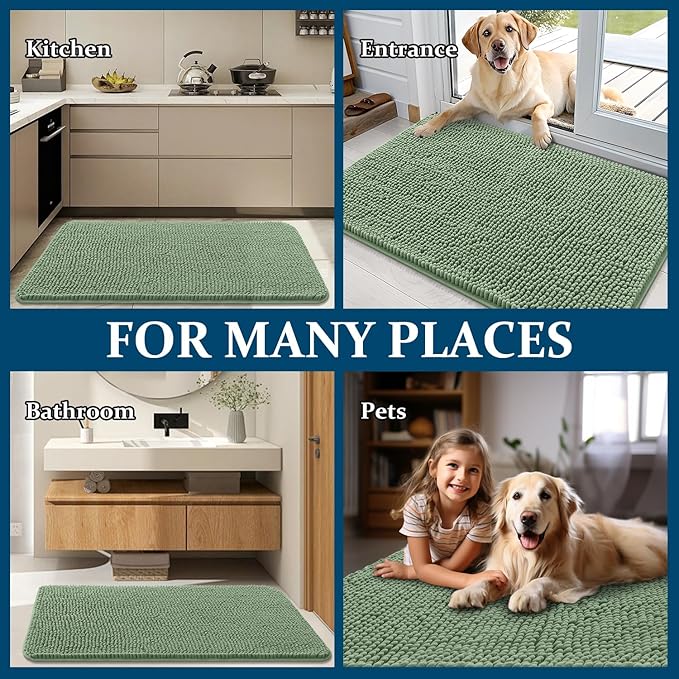 OLANLY Dog Door Mat for Muddy Paws 47x20, Absorbs Moisture and Dirt, Absorbent Non-Slip Washable Doormat, Quick Dry Chenille Mud Mat, Entry Indoor Entryway Carpet for Inside Floor, Olive Green