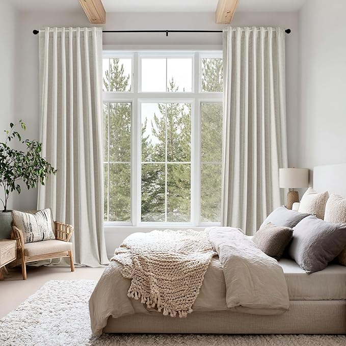 MIULEE 100% Blackout Linen Curtains for Bedroom, Light Cream Solid Luxury Decor Thermal Insulation Room Darkening Drapes for Living Room Nursery Back Tab Rod Pocket 42 x 96 Inches, 2 Panels