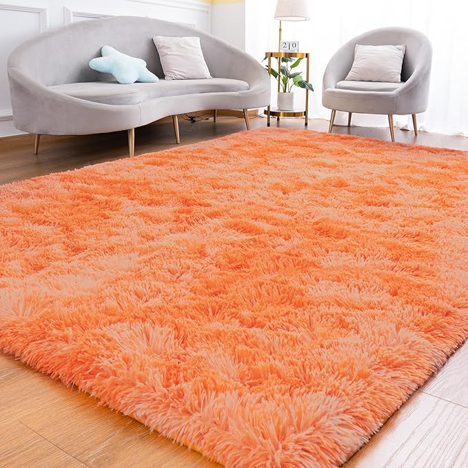 Goideal Fluffy Rug for Bedroom Living Room, 6x9 Orange Area Rugs, Faux Fur Shag Modern Carpet Ultra Soft Girls Boys Room Home Decor, Tie-Dyed