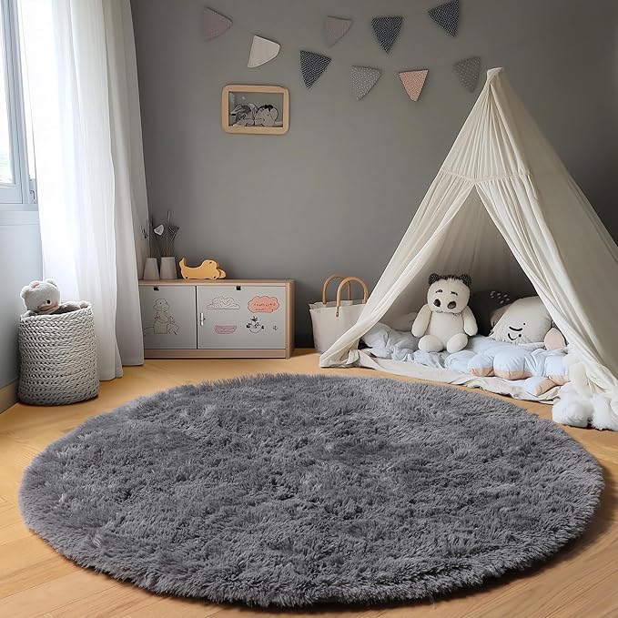 ONASAR Grey Round Area Rugs 6ft, Fluffy Gray Soft Bedroom Circle Rug for Kids Girls Boys Teen Room, Fuzzy Plush Shaggy Floor Carpet Mats for Dorm Nursery Living Room Playroom Home Office Decor