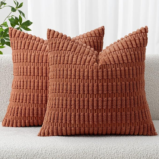 MIULEE Pack of 2 Dark Rust Corduroy Decorative Pillow Covers 18x18 Inch Soft Boho Striped Throw Pillow Covers Modern Farmhouse Home Decor for Summer Sofa Living Room Couch Bed