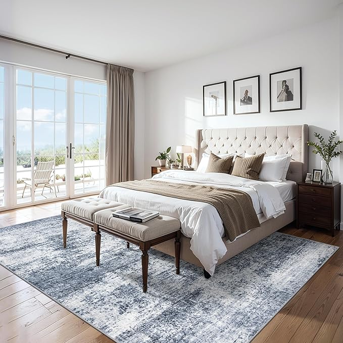 Area Rugs Living Room Rug - 4x6 Washable Modern Abstract Soft Neutral Non-Slip Carpet Large Indoor Floor Thin Carpets for Bedroom Dining Room Farmhouse Nursery Home Office Grey Blue