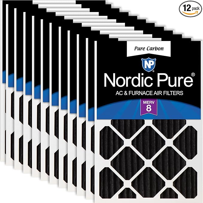 Nordic Pure 16x16x2 Pleated MERV 8 Pure Carbon Air Filters 12 Pack | Actual by NordicPure