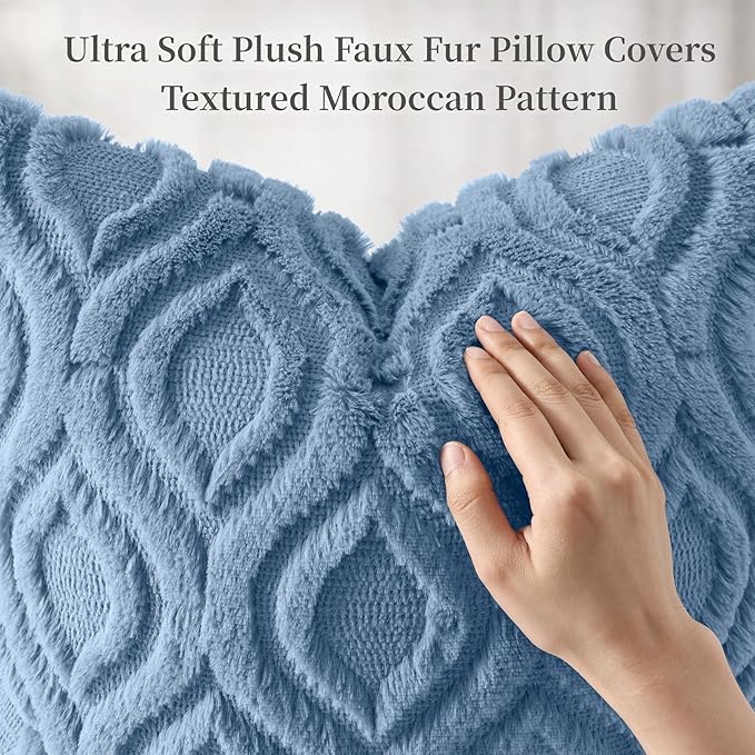 decorUhome Throw Pillow Covers 18x18 Inch Set of 2, Soft Plush Faux Wool Blue Solid Couch Pillow Covers, Accent Farmhouse Neutral Square Pillow Cases for Sofa Bed Living Room