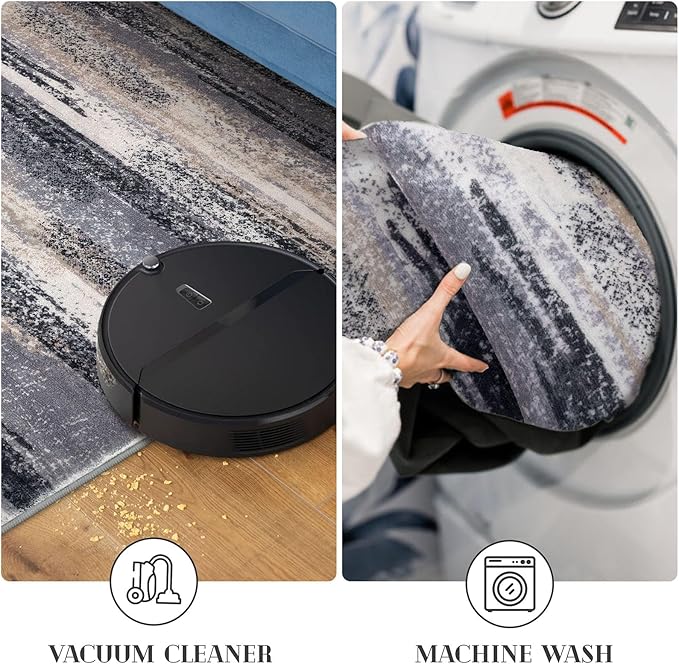 Lansny Modern Abstract 4x6 Living Room Washable Rug Non-Slip Soft Bedroom Area Rug Grey Black Multi Thin Print Faux Wool Floor Carpet Throw Rugs for Nursery Playroom Dining Room Indoor Home Decor